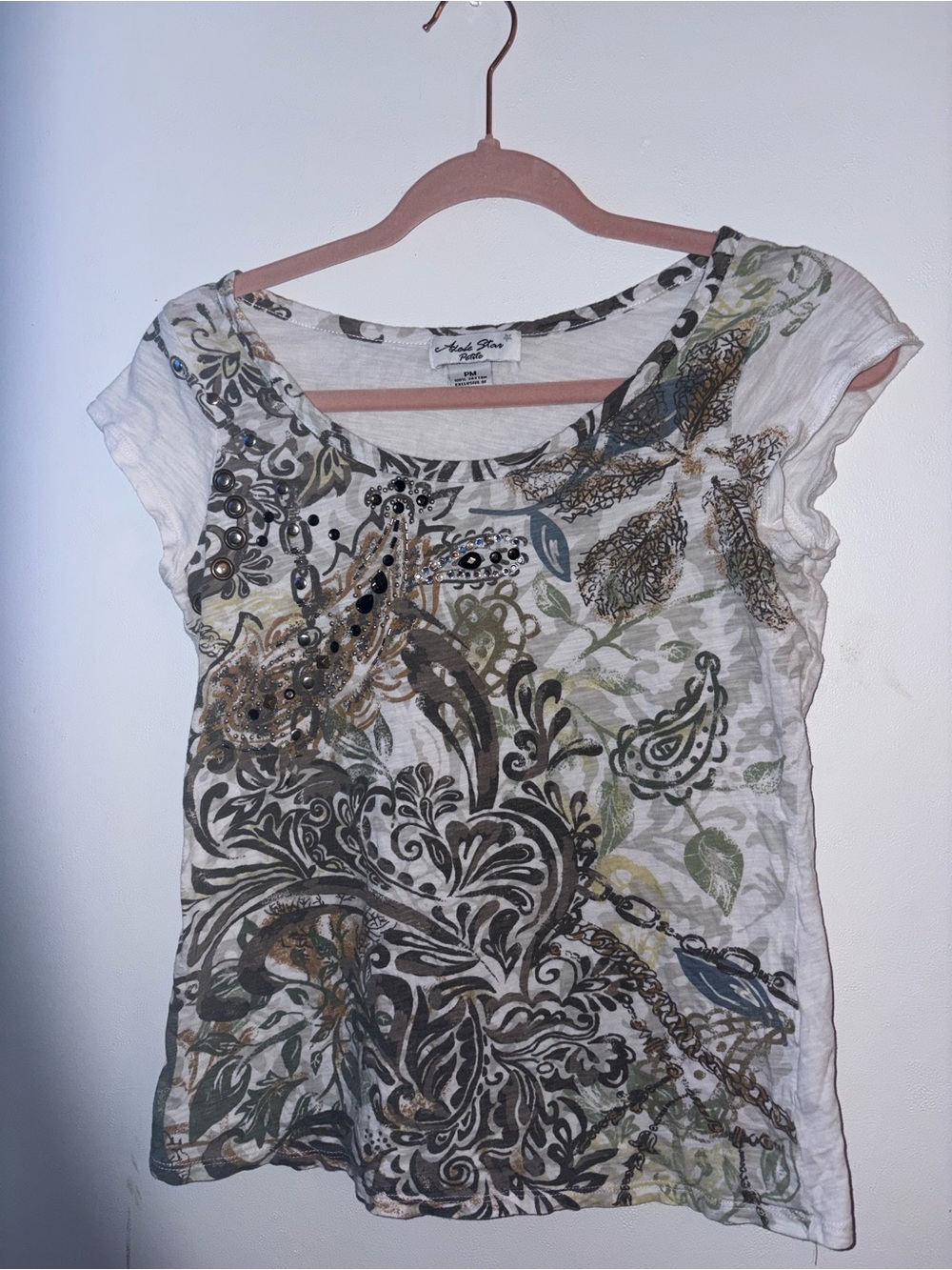 Artisan Boho Print Scoop Neck Tee - White/Olive